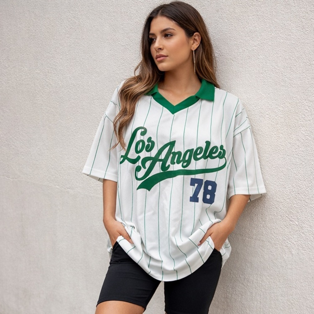 Los Angeles 78 Jersey Top Pinstripe Green White Oversized Y2K Streetwear M